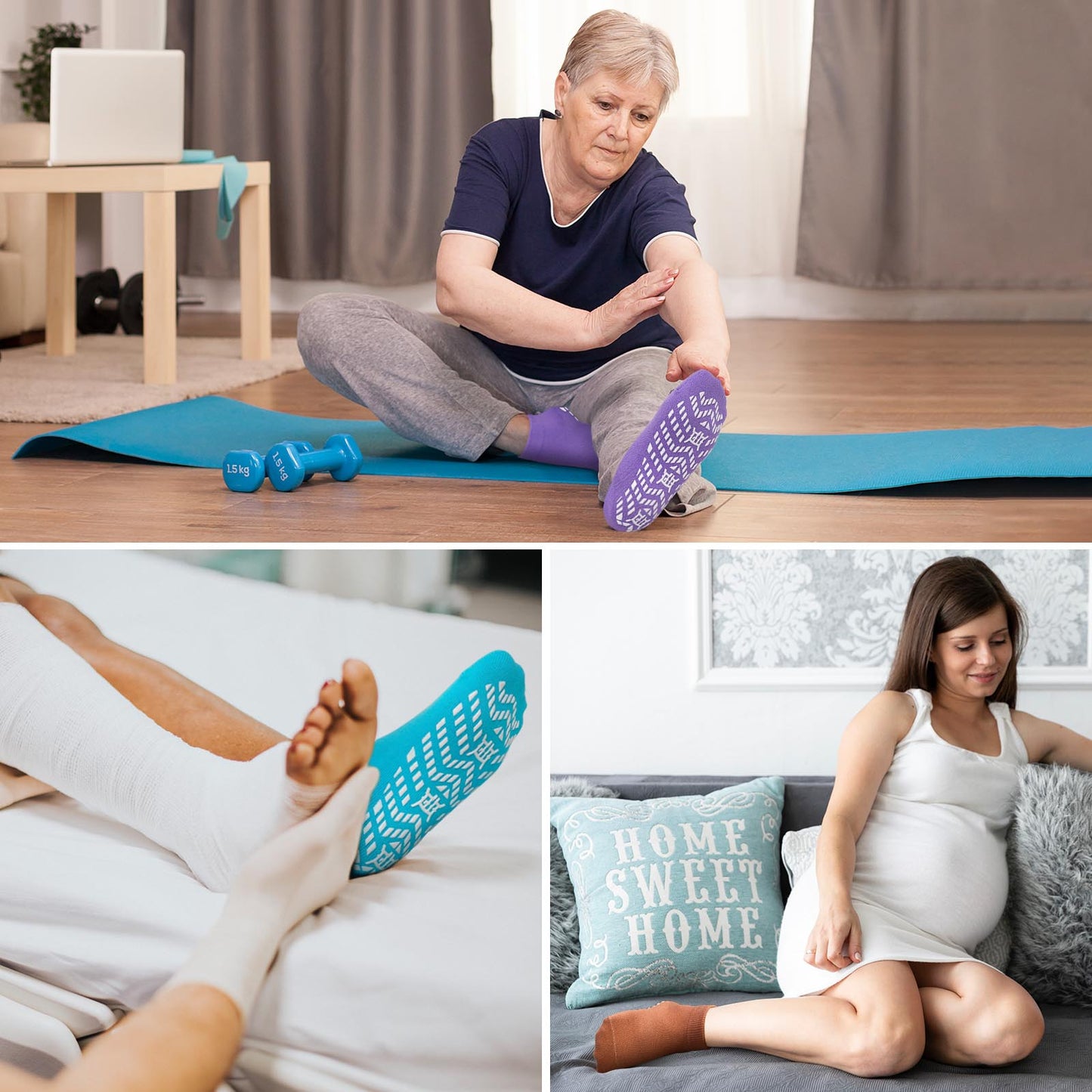 4 Pairs Non Slip Grip Socks, PUTUO Cotton Yoga Pilates Hospital Fitness Sports Socks for Women and Men with Grips