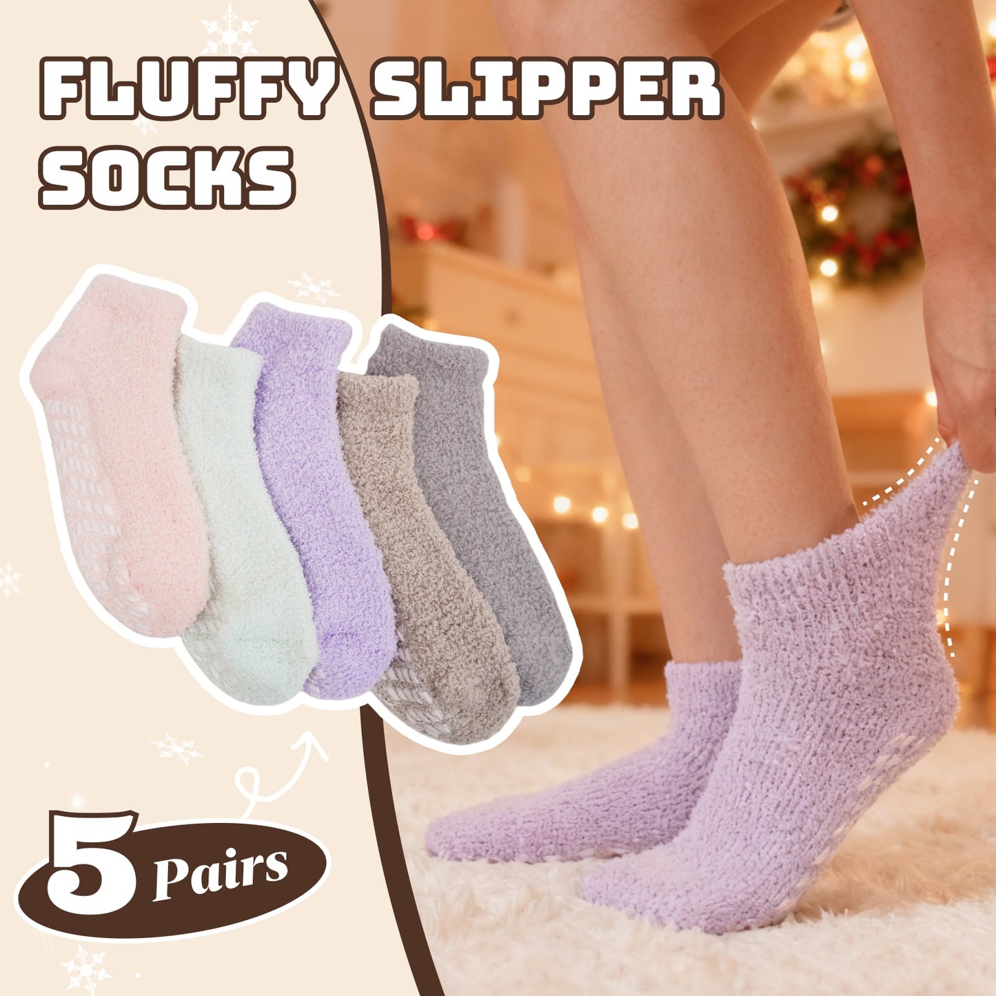Fuzzy Socks for Women, PUTUO Gripper Socks, Cozy Fluffy Non Slip Socks, Soft Winter Warm Socks for Women, 5 Pairs