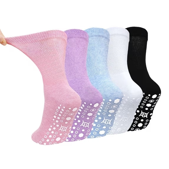 Non Slip Socks for Women, PUTUO Grippy Socks, Cotton Cozy Breathable Loose Fit Top Crew Socks, Ideal for Yoga, Pilates, Barre, Hospital