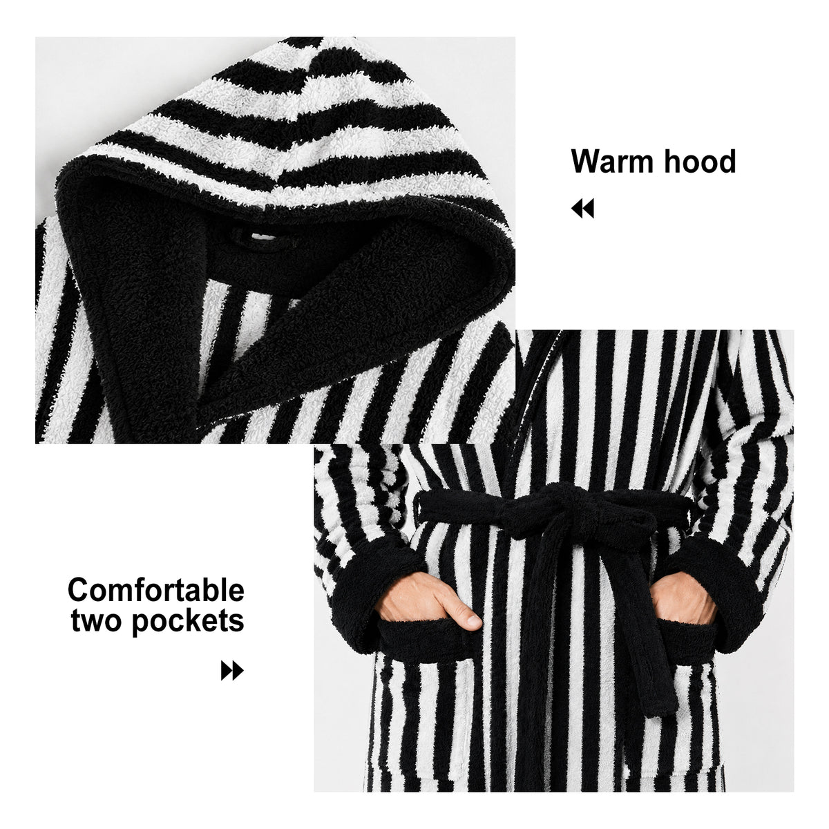 Robes for Men, PUTUO Mens Robe with Hood, Warm Soft Fluffy Long Bath | Color Block Striped Robe for Men with Pocket and Belt for Male Father Husband Festival Winter Gifts