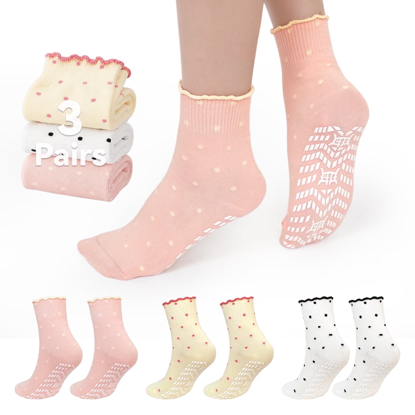Grip Socks for Women, PUTUO Non Slip Pilates Yoga Socks with Cute Polka Dot Ruffle Cuff, Crew Length for Barre Dance and Studio Workout, 3 Pairs