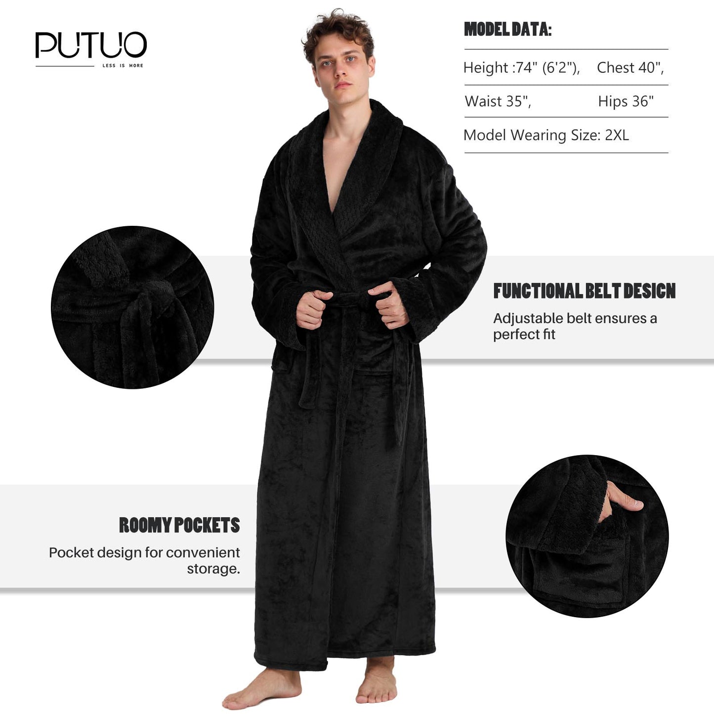 Mens Robe, PUTUO Robes for Men, Cozy Warm Soft Fluffy Fleece Bathrobe, Fuzzy Luxury Spa Dressing Gown for Men Gifts with Pockets