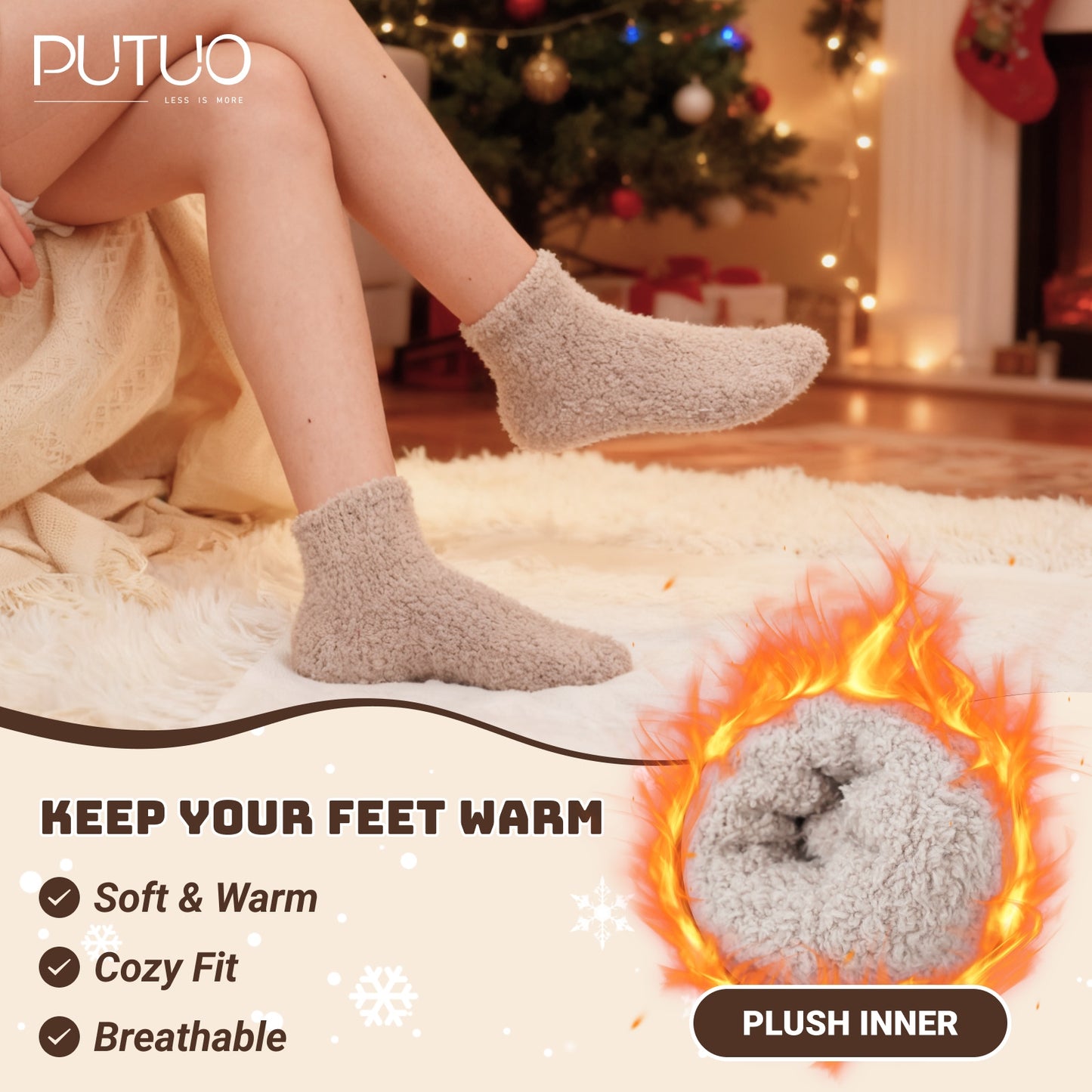Fuzzy Socks for Women, PUTUO Gripper Socks, Cozy Fluffy Non Slip Socks, Soft Winter Warm Socks for Women, 5 Pairs
