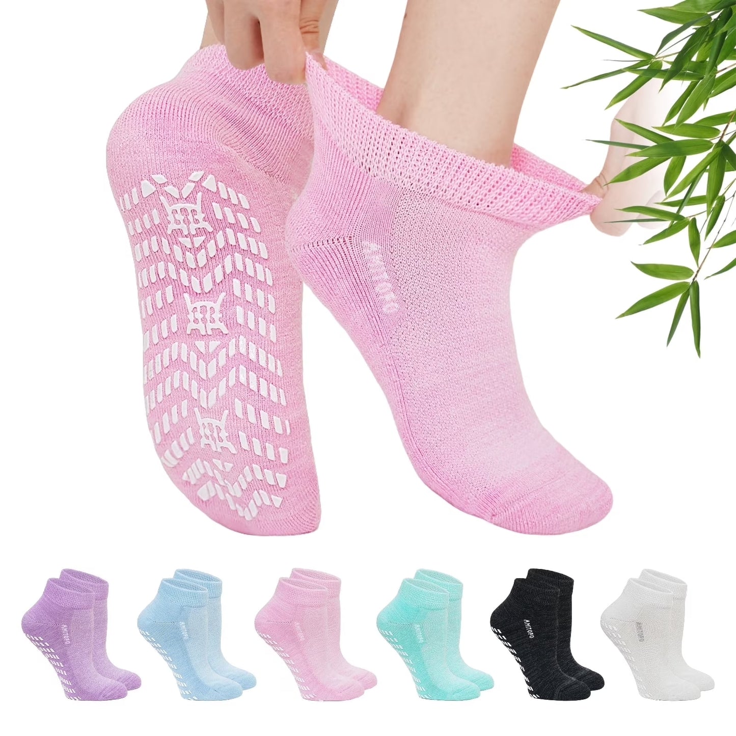 Ankle Diabetic Socks for Men and Women, PUTUO Non-Slip Bamboo Viscose Socks, Super Soft Loose Breathable Grippy Socks for Women, Durable with Seamless Toe and Non-Binding Top, 6 Pairs