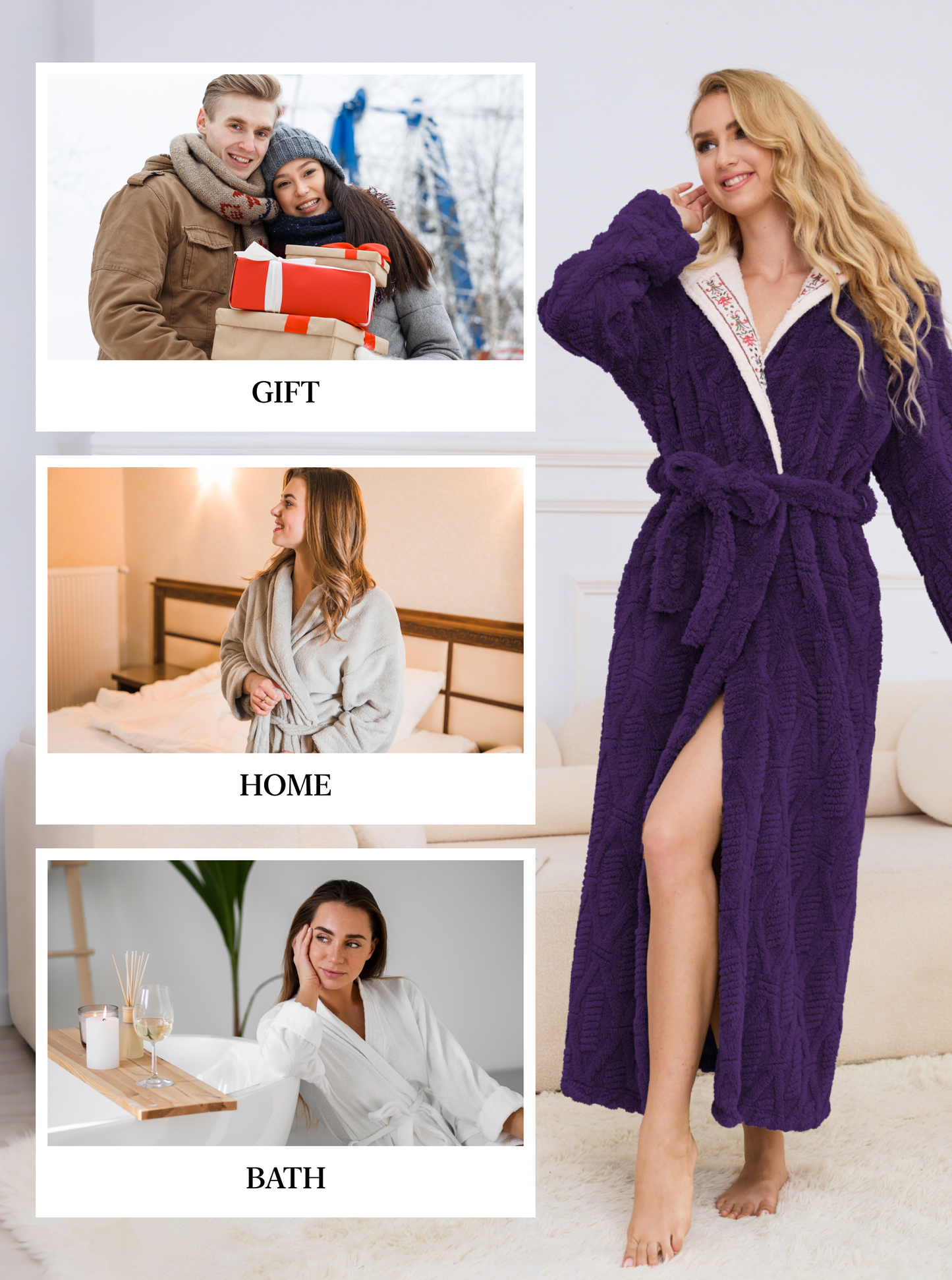 Robes for Women, PUTUO Hooded Womens Robes, Plush Soft Fluffy Long Robe, Comfy Spa Nightgown Housecoat with Side Pocket, Winter Warm Sleepwear Gift for Women