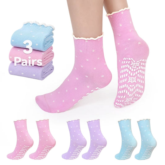 Grip Socks for Women, PUTUO Non Slip Pilates Yoga Socks with Cute Polka Dot Ruffle Cuff, Crew Length for Barre Dance and Studio Workout, 3 Pairs
