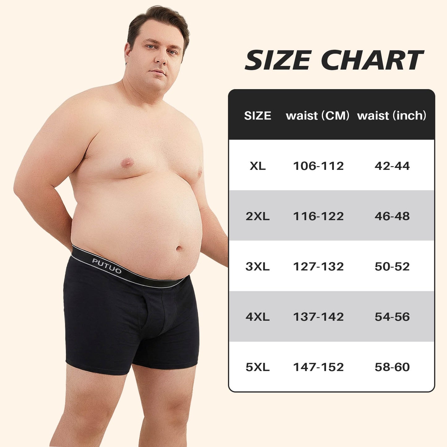 Big and Tall Mens Underwear, PUTUO Mens Boxer Briefs, Comfort Cotton Stretch Classic Design, Length Moisture Wicking Underwear 5-Pack, Black