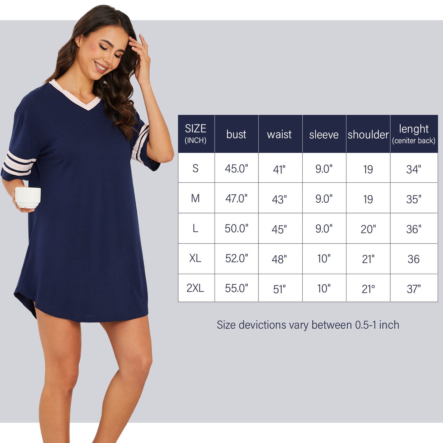 Nightgowns for Women, PUTUO Womens Nightgown, Loose Casual Short Sleeve V Neck Sleepwear Color Block Sleep Shirt
