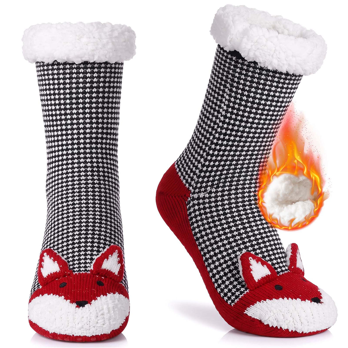 Fuzzy Slipper Socks for Women, PUTUO Warm Non Slip Grip Socks Sherpa-Lined Thick Cozy Fluffy Mid Calf Winter Home Socks