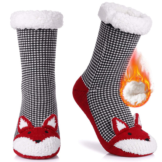 Fuzzy Slipper Socks for Women, PUTUO Warm Non Slip Grip Socks Sherpa-Lined Thick Cozy Fluffy Mid Calf Winter Home Socks