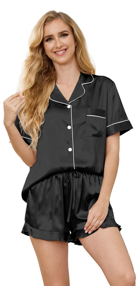 Satin Pajamas for Women, PUTUO Womens Pajama sets, Ruffle Soft Short Sleeve Shorts Set Button Down Pajama Set