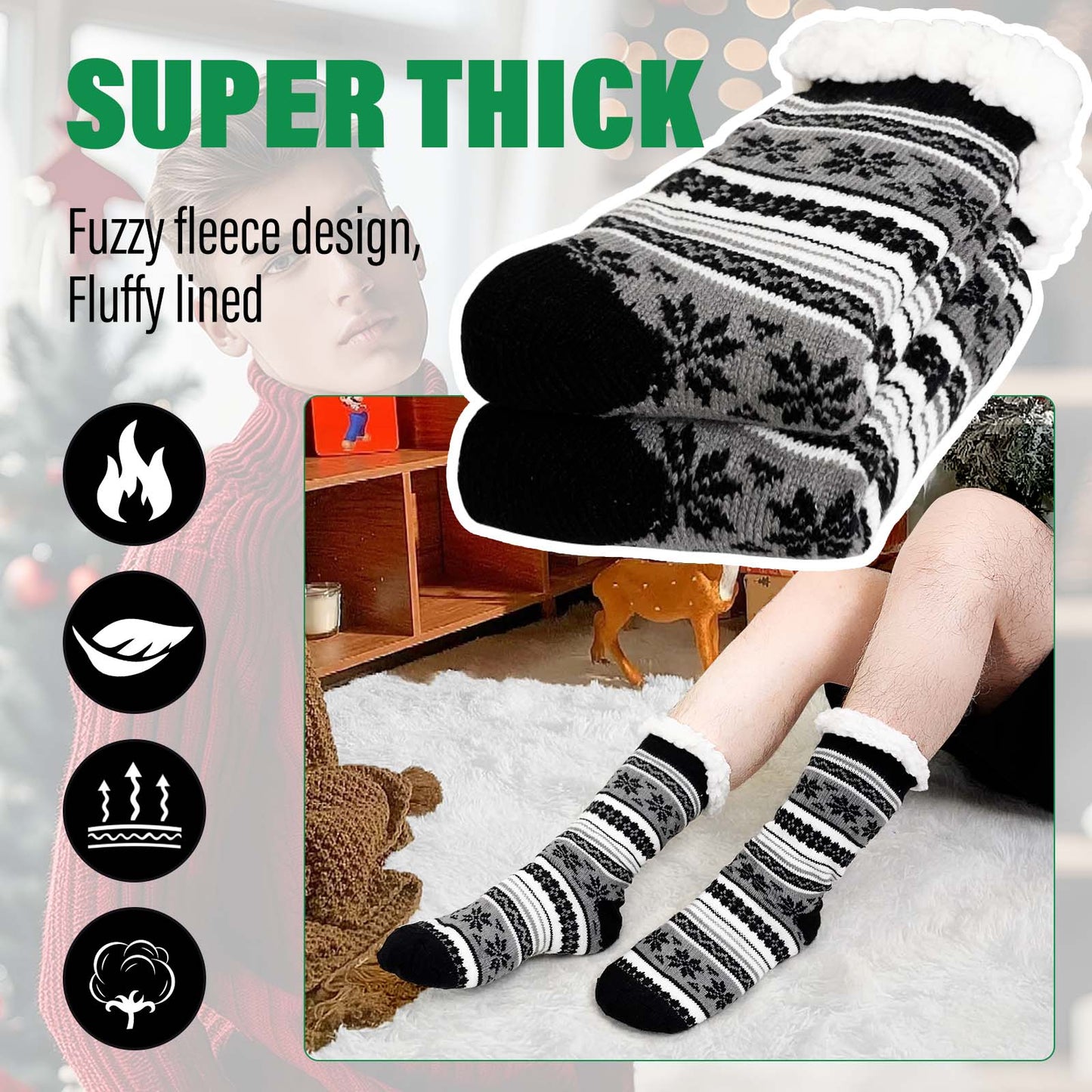 Slipper Socks, PUTUO Fuzzy Socks, Thermal Cozy Warm Fluffy Winter Warm Socks, 1 Pair Plush Socks for Men, Christmas Gifts for Men