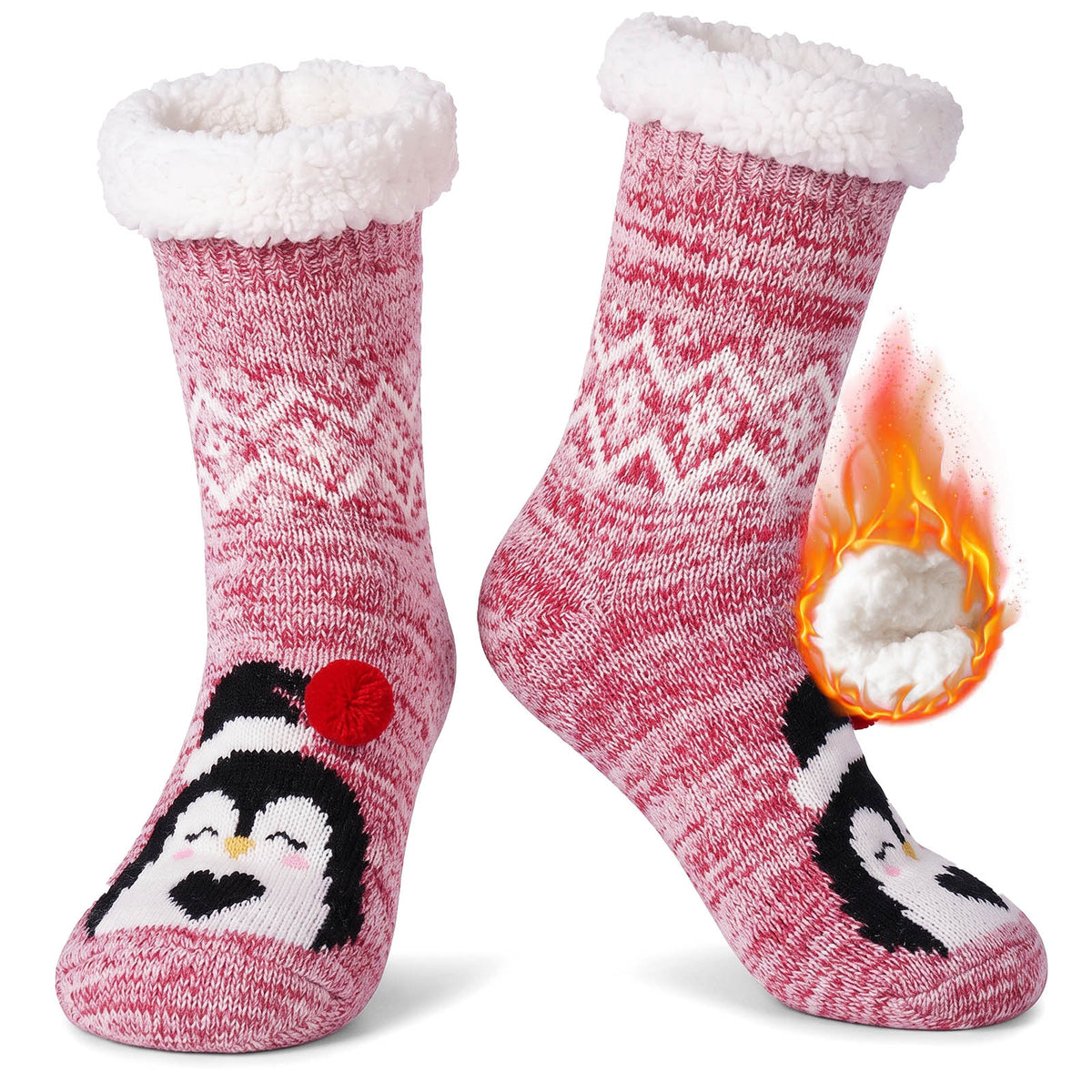 Fuzzy Slipper Socks for Women, PUTUO Warm Non Slip Grip Socks Sherpa-Lined Thick Cozy Fluffy Mid Calf Winter Home Socks