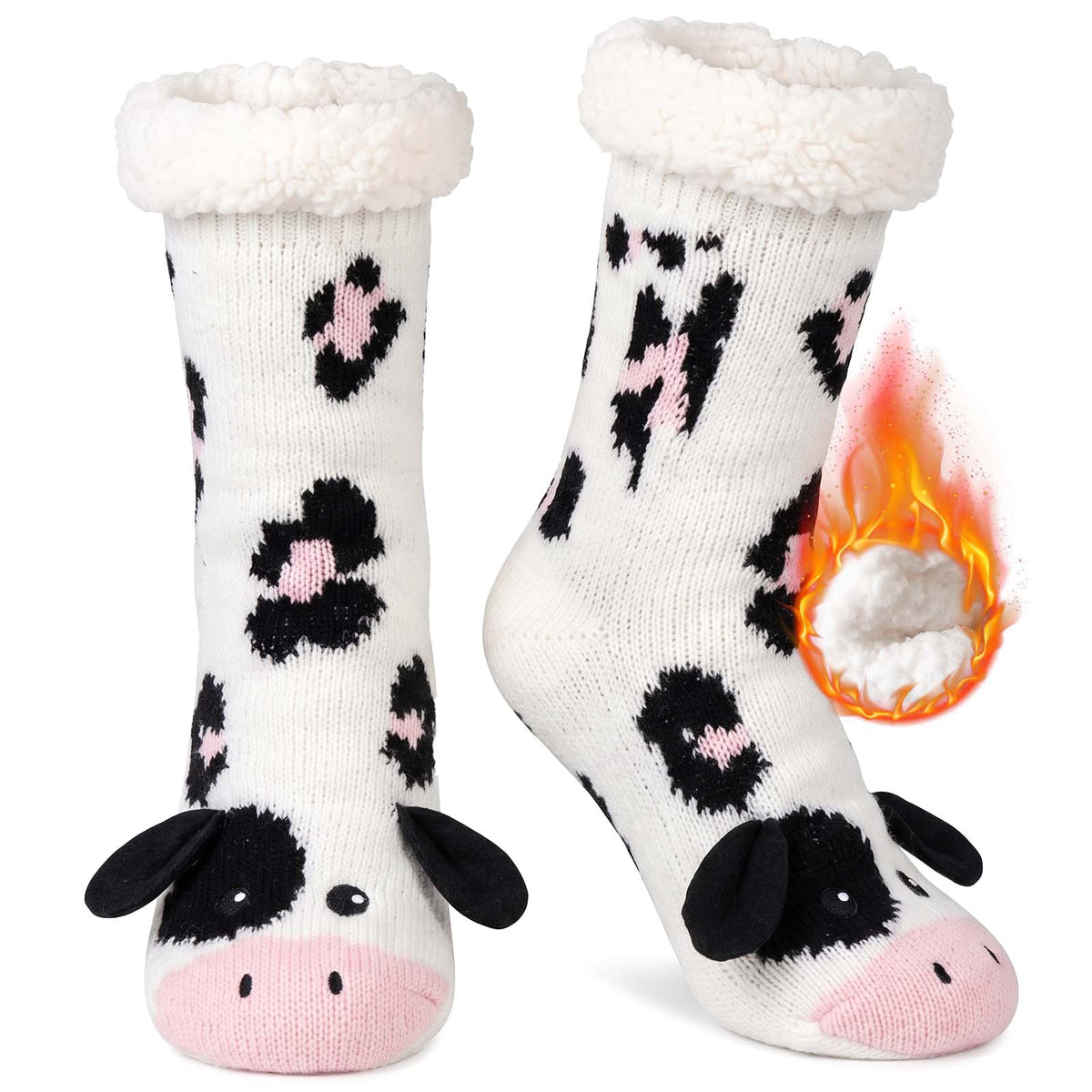 Fuzzy Slipper Socks for Women, PUTUO Warm Non Slip Grip Socks Sherpa-Lined Thick Cozy Fluffy Mid Calf Winter Home Socks