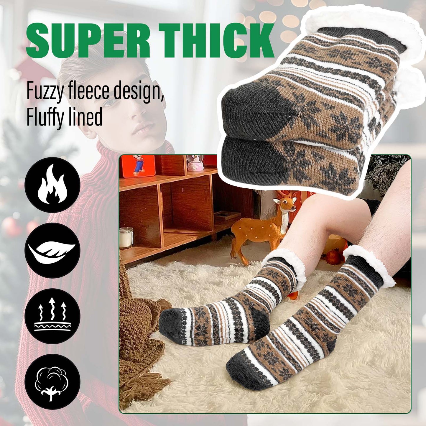 Mens Slipper Socks, PUTUO Non Slip Fuzzy Socks, Cozy Warm Slipper Socks for men, Fluffy Winter Christmas Socks Mens Christmas Gifts, Size 9-12,1 Pair