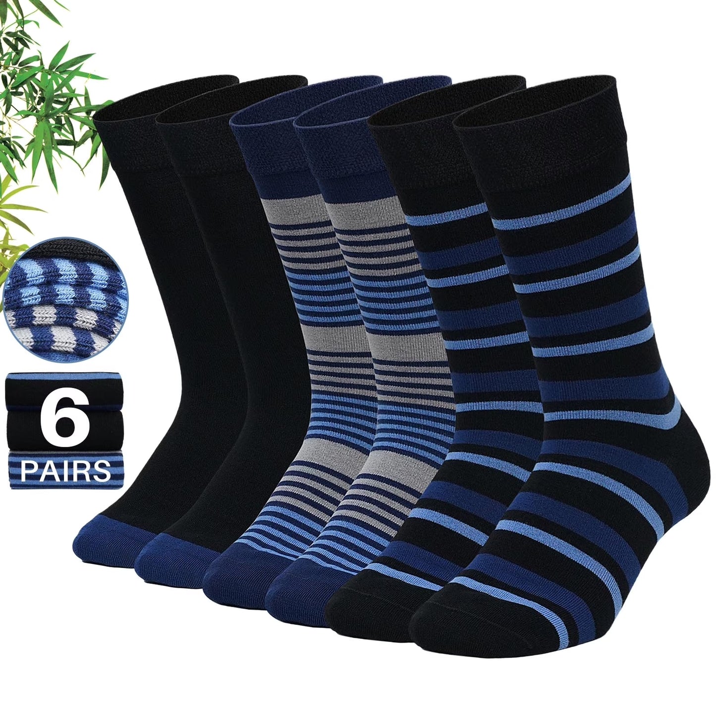 Mens Dress Socks, PUTUO Bamboo Viscose Dress Socks for Men, Seamless Striped Casual Socks for Business 6-Pair