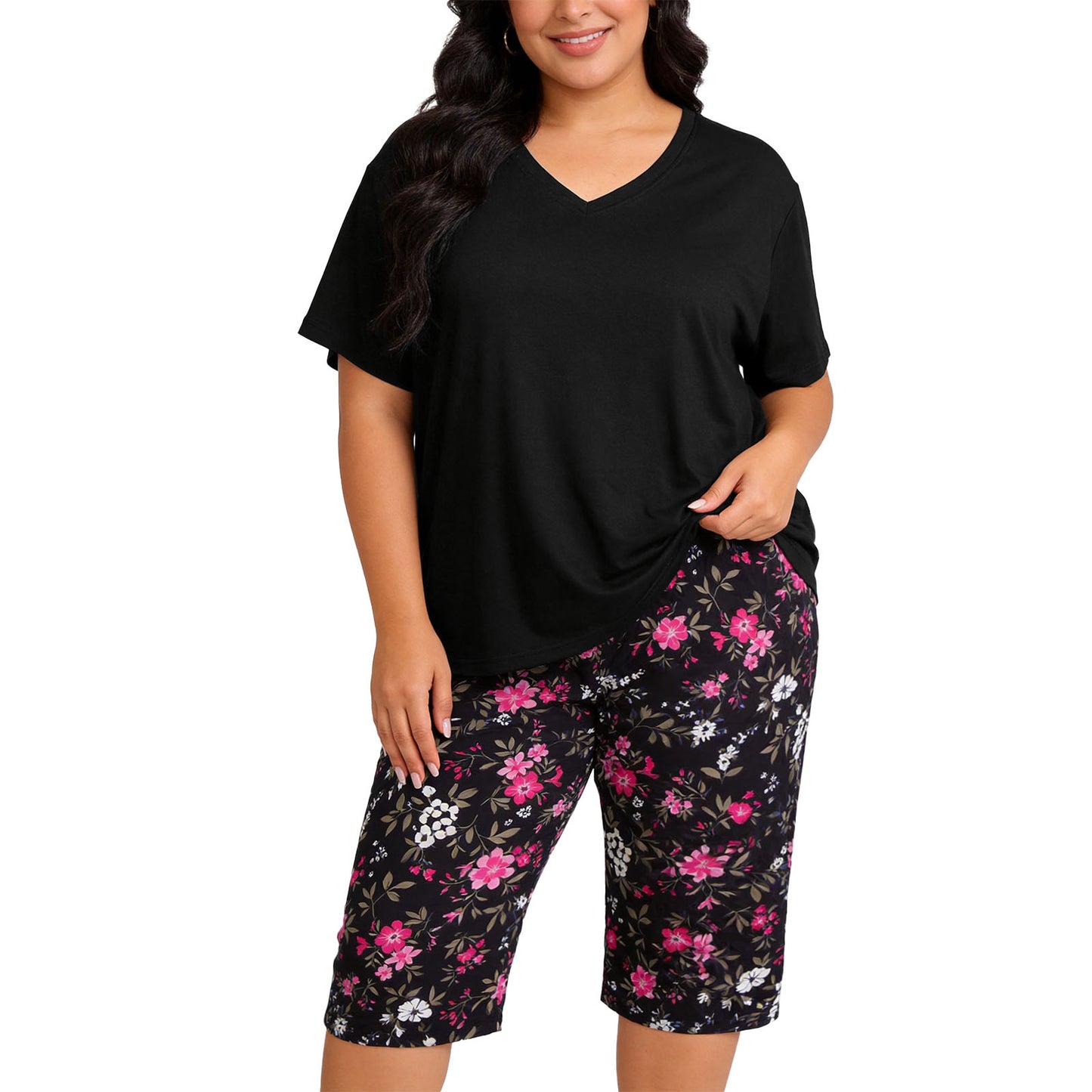 Plus Size Pajamas, PUTUO Womens Pajama Sets, Plus Size Short Sleeve V Neck Capri Pants Pajama Sets, Soft Ladies Pajamas Sleepwear Loungewear