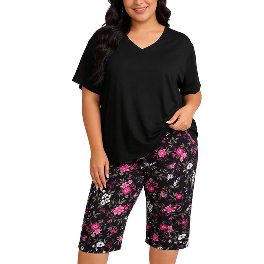 Plus Size Pajamas, PUTUO Womens Pajama Sets, Plus Size Short Sleeve V Neck Capri Pants Pajama Sets, Soft Ladies Pajamas Sleepwear Loungewear