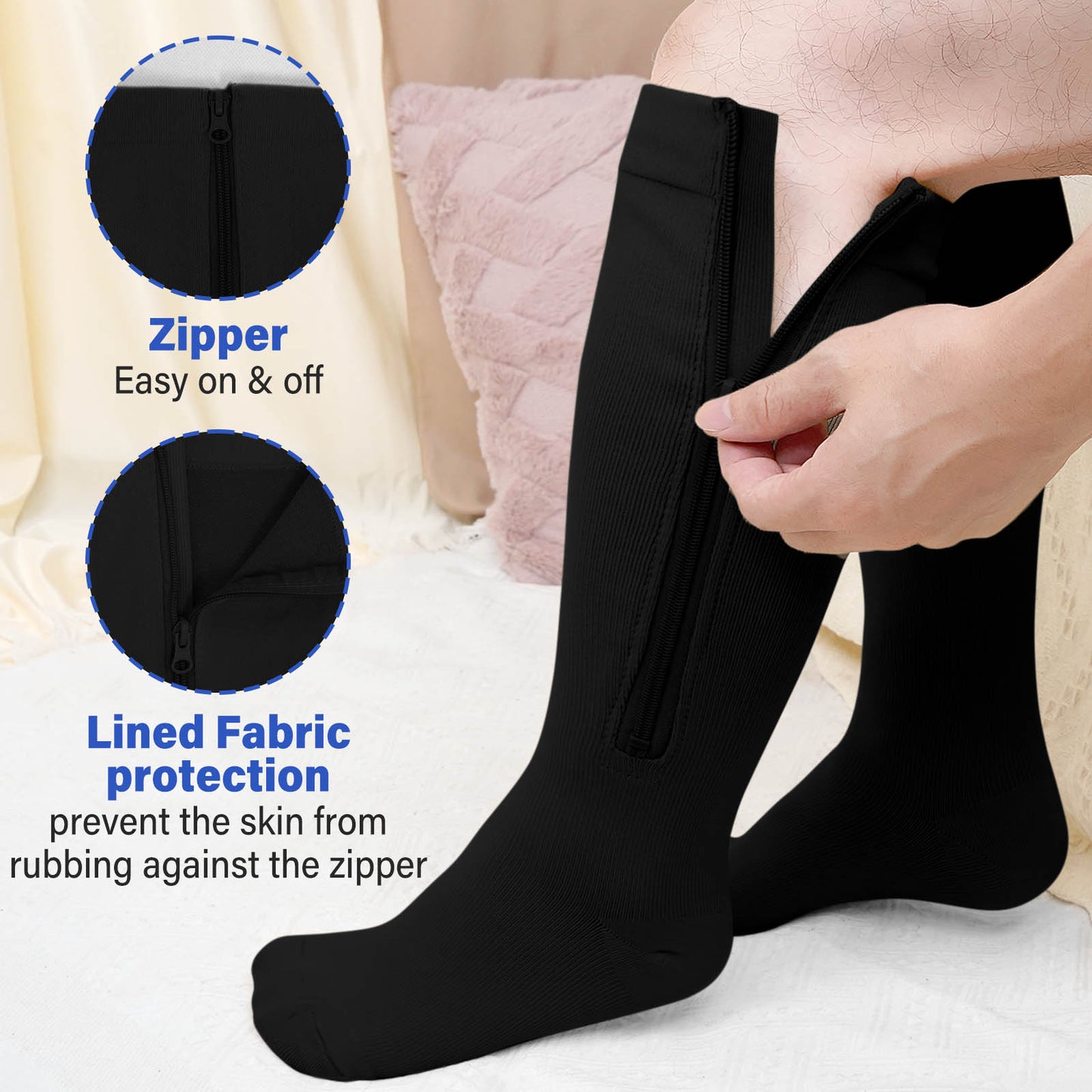 Zipper Compression Socks, PUTUO Compression Socks for Women and Men, Plus Size Closed Toe Compression Stocking with Zipper, 20-30 mmhg Pressure Support Stockings, 2 Pairs