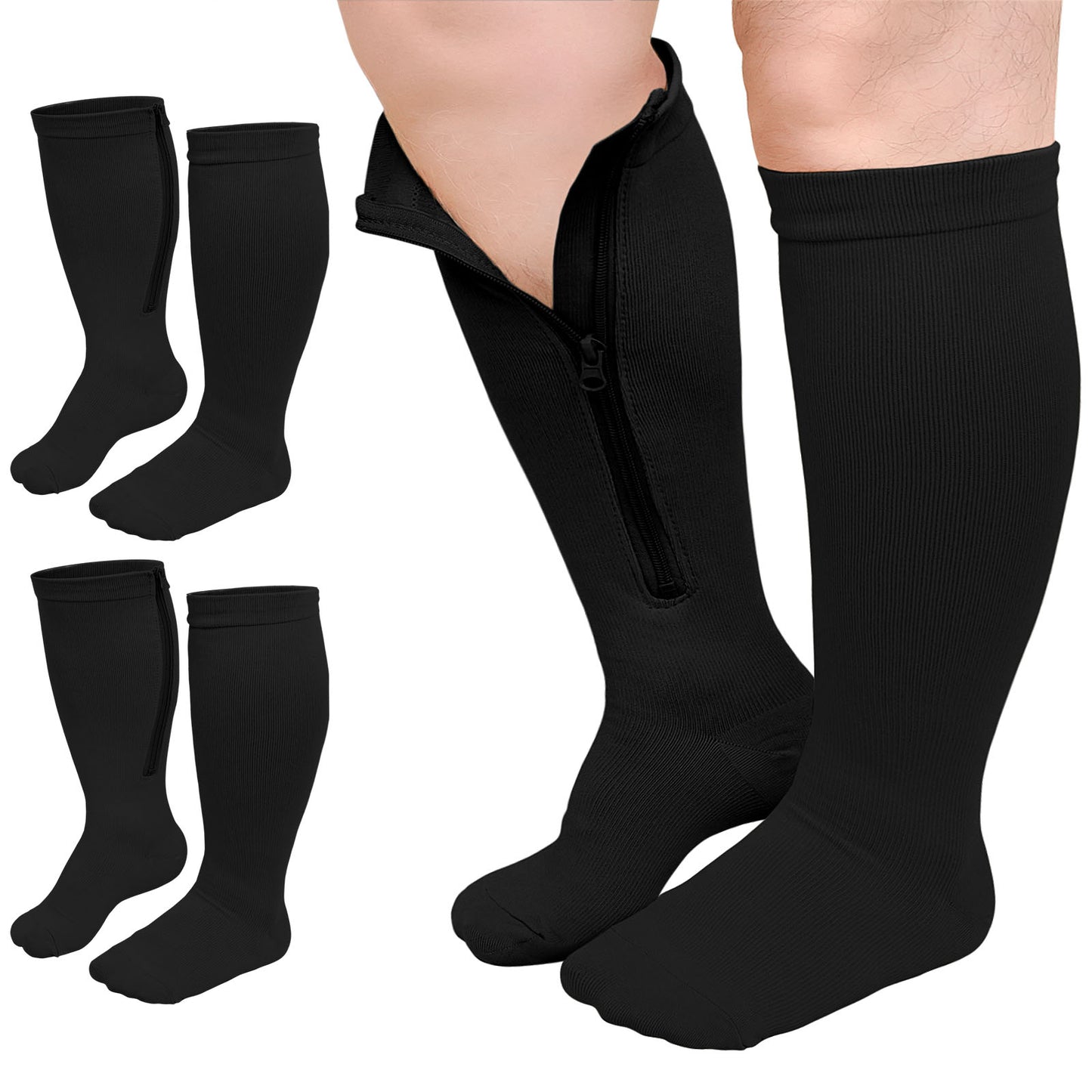 Zipper Compression Socks, PUTUO Compression Socks for Women and Men, Plus Size Closed Toe Compression Stocking with Zipper, 20-30 mmhg Pressure Support Stockings, 2 Pairs