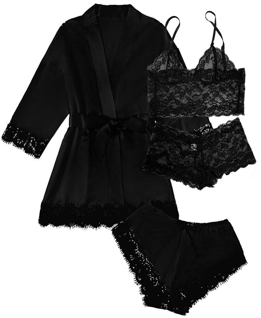 Satin Pajamas for Women, PUTUO Womens Lingerie Floral Lace Trim Cami with Robe, Pajama Sets for Women 4pcs Sleepwear