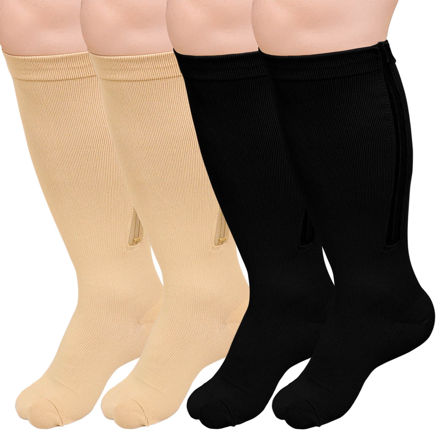 Zipper Compression Socks, PUTUO Compression Socks for Women and Men, Plus Size Closed Toe Compression Stocking with Zipper, 20-30 mmhg Pressure Support Stockings, 2 Pairs