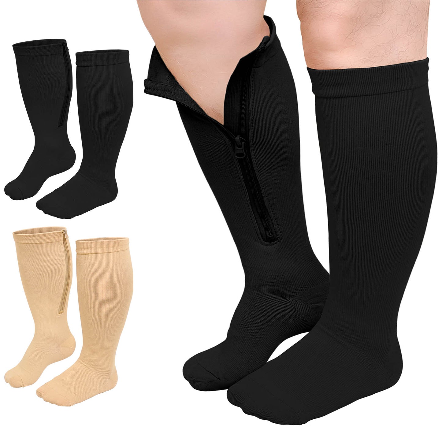Zipper Compression Socks, PUTUO Compression Socks for Women and Men, Plus Size Closed Toe Compression Stocking with Zipper, 20-30 mmhg Pressure Support Stockings, 2 Pairs