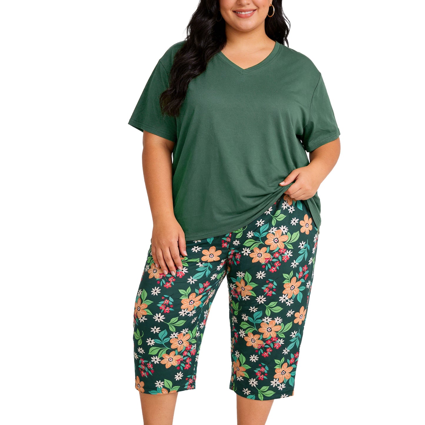 Plus Size Pajamas, PUTUO Womens Pajama Sets, Plus Size Short Sleeve V Neck Capri Pants Pajama Sets, Soft Ladies Pajamas Sleepwear Loungewear