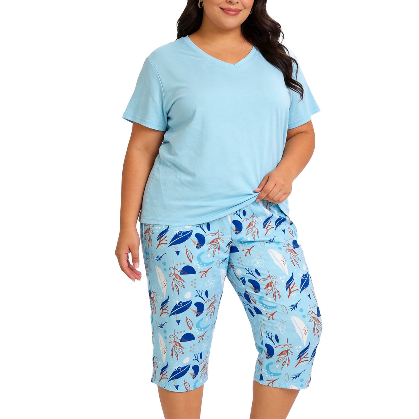 Plus Size Pajamas, PUTUO Womens Pajama Sets, Plus Size Short Sleeve V Neck Capri Pants Pajama Sets, Soft Ladies Pajamas Sleepwear Loungewear