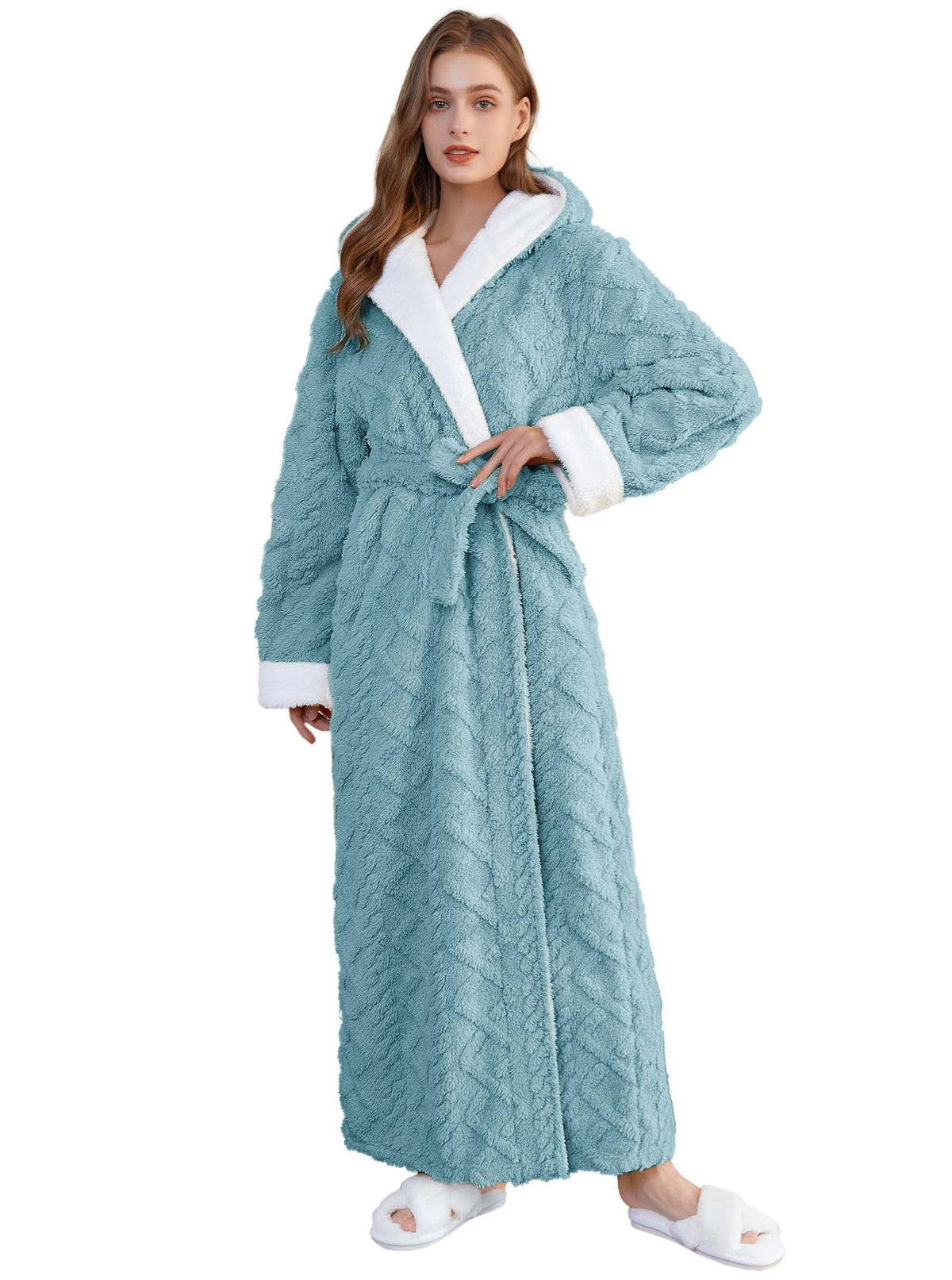 Robes for Women, PUTUO Hooded Womens Robes, Plush Soft Fluffy Long Robe, Comfy Spa Nightgown Housecoat with Side Pocket, Winter Warm Sleepwear Gift for Women
