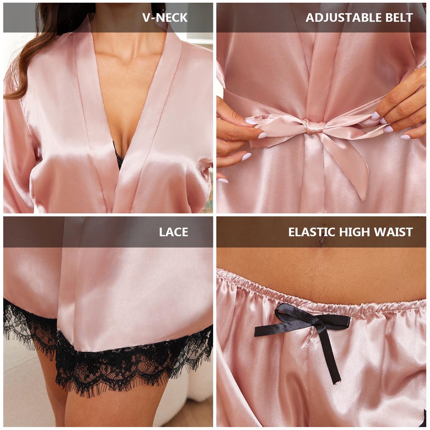 Satin Pajamas for Women, PUTUO Womens Lingerie Floral Lace Trim Cami with Robe, Pajama Sets for Women 4pcs Sleepwear