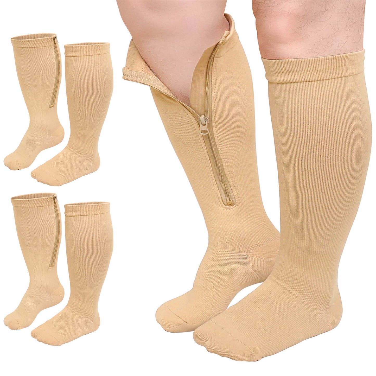 Zipper Compression Socks, PUTUO Compression Socks for Women and Men, Plus Size Closed Toe Compression Stocking with Zipper, 20-30 mmhg Pressure Support Stockings, 2 Pairs