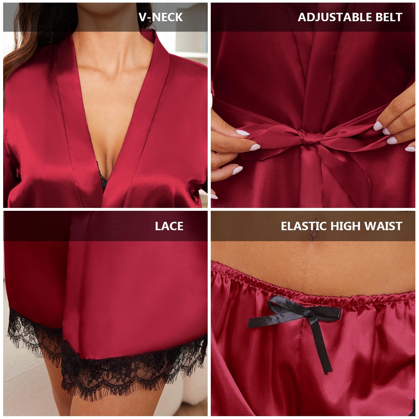 Satin Pajamas for Women, PUTUO Womens Lingerie Floral Lace Trim Cami with Robe, Pajama Sets for Women 4pcs Sleepwear