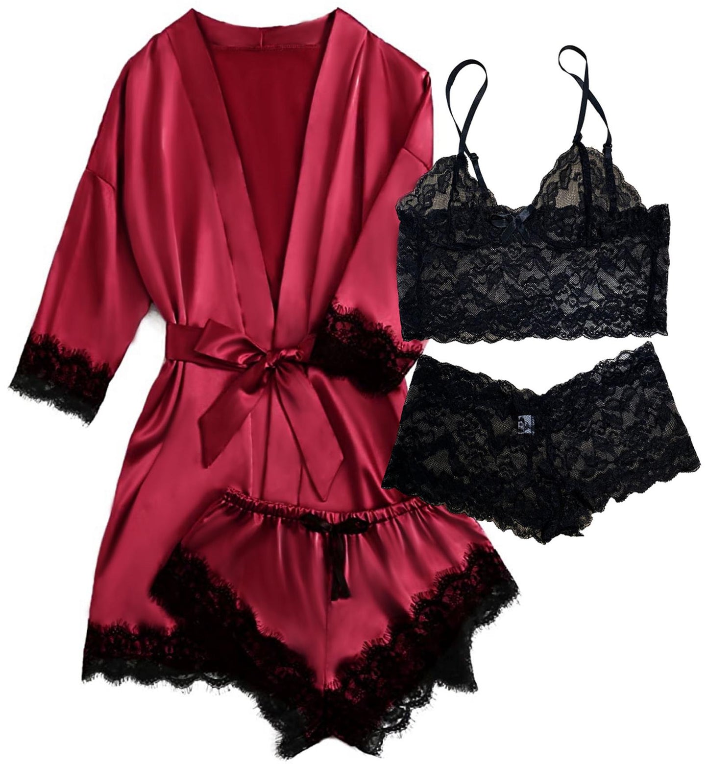 Satin Pajamas for Women, PUTUO Womens Lingerie Floral Lace Trim Cami with Robe, Pajama Sets for Women 4pcs Sleepwear
